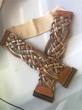 Loft(Ann Taylor)-Woven Braided Elastic Waist Belt in Tan and Metallic